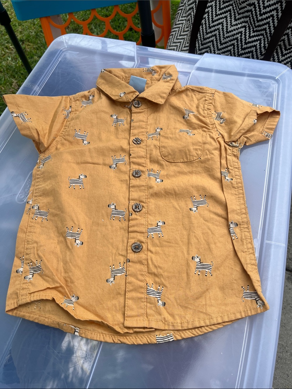 Kids' Mustard Short-Sleeve Button-Down Shirt with Zebra Print